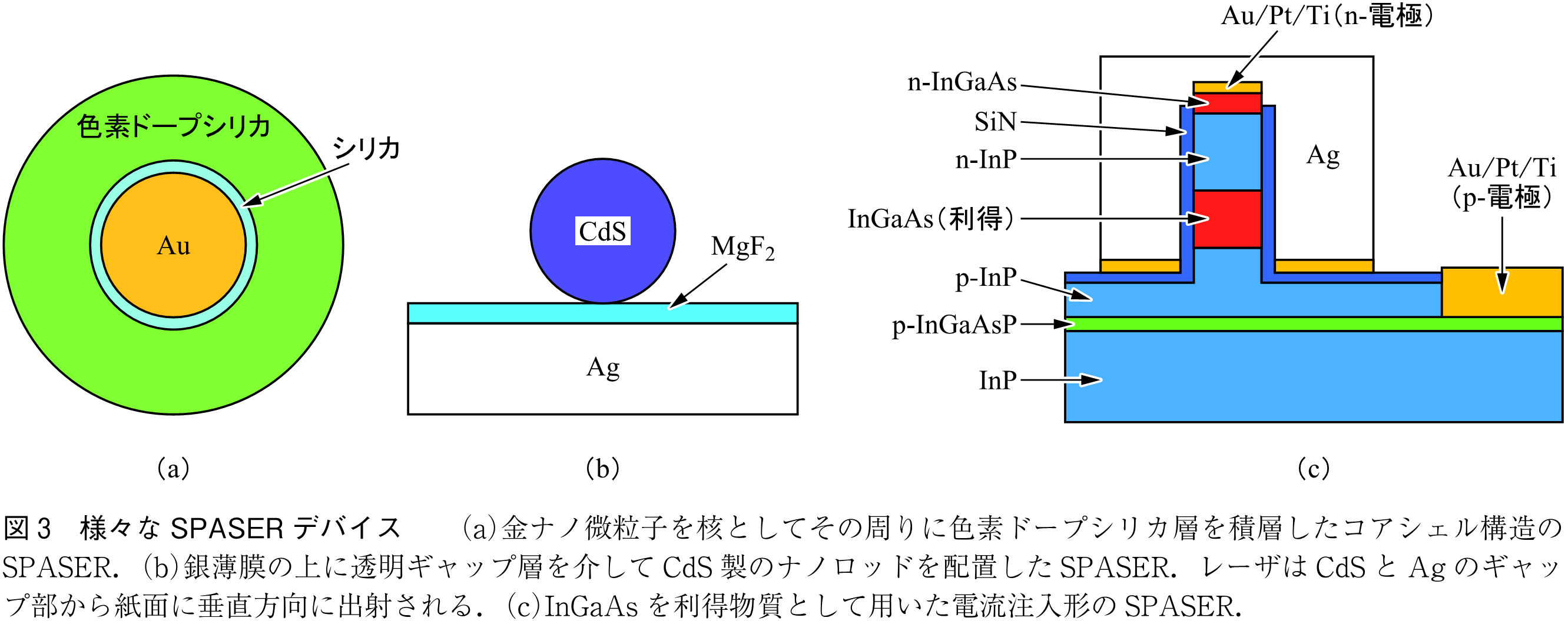 図3　様々なSPASERデバイス　　（a）金ナノ微粒子を核としてその周りに色素ドープシリカ層を積層したコアシェル構造のSPASER．（b）銀薄膜の上に透明ギャップ層を介してCdS製のナノロッドを配置したSPASER．レーザはCdSとAgのギャップ部から紙面に垂直方向に出射される．（c）InGaAsを利得物質として用いた電流注入形のSPASER．