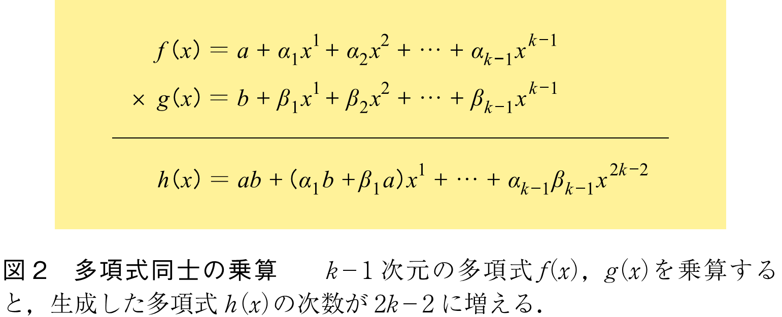 図2　多項式同士の乗算　　k－1次元の多項式f（x），g（x）を乗算すると，生成した多項式h（x）の次数が2k－2に増える．