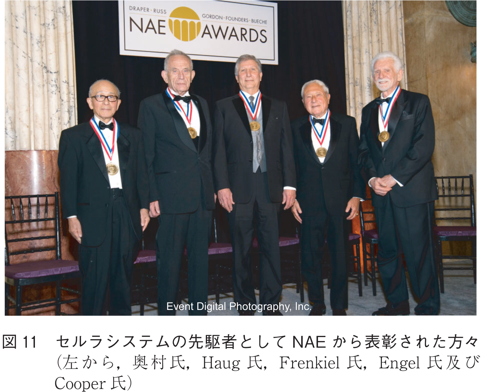 図11　セルラシステムの先駆者としてNAEから表彰された方々（左から，奥村氏，Haug氏，Frenkiel氏，Engel氏及びCooper氏）