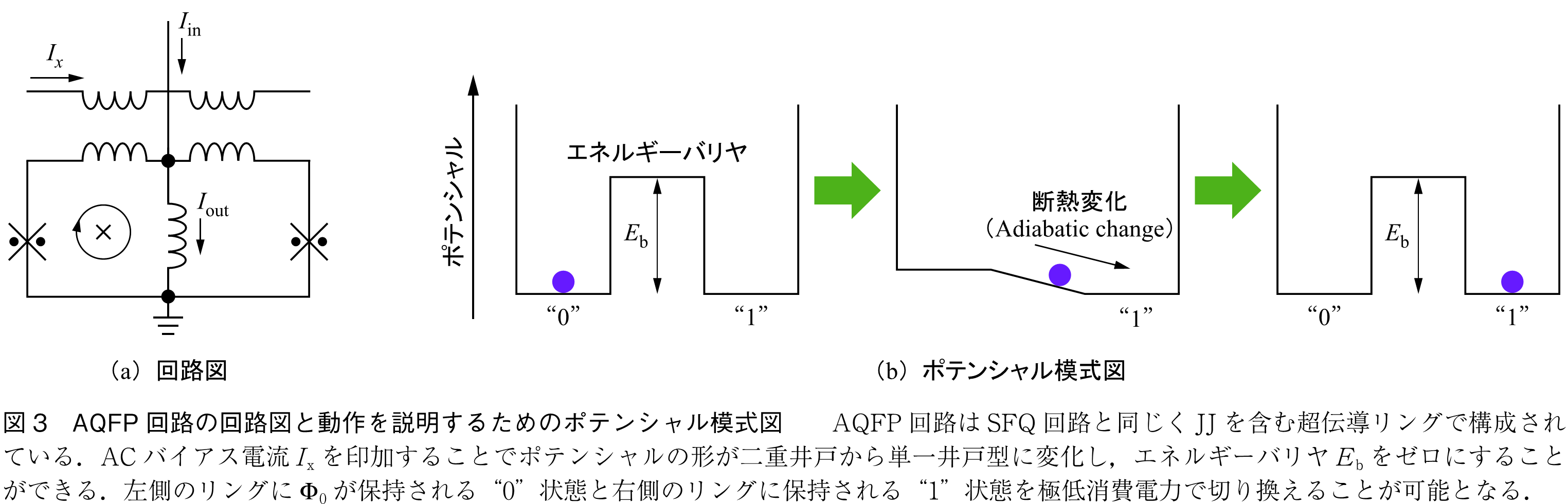 図3　AQFP 回路の回路図と動作を説明するためのポテンシャル模式図　　AQFP回路はSFQ回路と同じくJJ を含む超伝導リングで構成されている．ACバイアス電流I x を印加することでポテンシャルの形が二重井戸から単一井戸型に変化し，エネルギーバリヤEbをゼロにすることができる．左側のリングにΦ0が保持される"0"状態と右側のリングに保持される"1"状態を極低消費電力で切り換えることが可能となる．