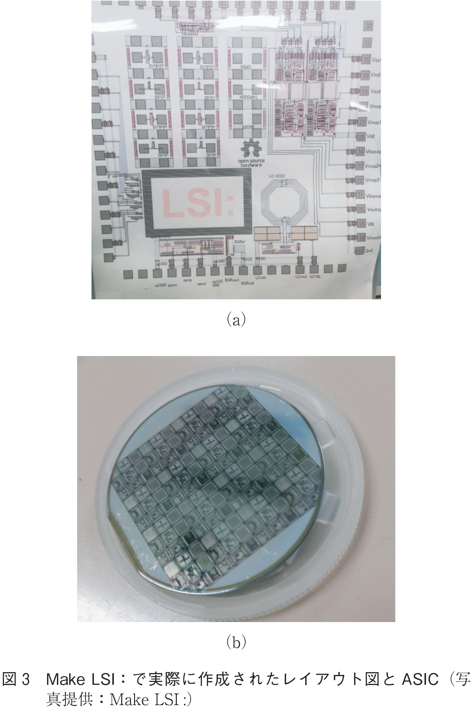 図3　Make LSI：で実際に作成されたレイアウト図とASIC（写真提供：Make LSI: ）