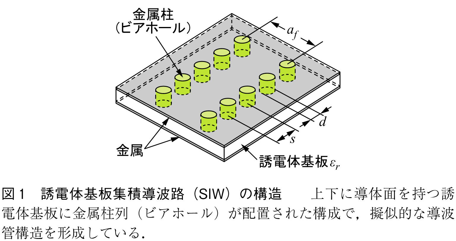 図1　誘電体基板集積導波路（SIW）の構造　　上下に導体面を持つ誘電体基板に金属柱列（ビアホール）が配置された構成で，擬似的な導波管構造を形成している．