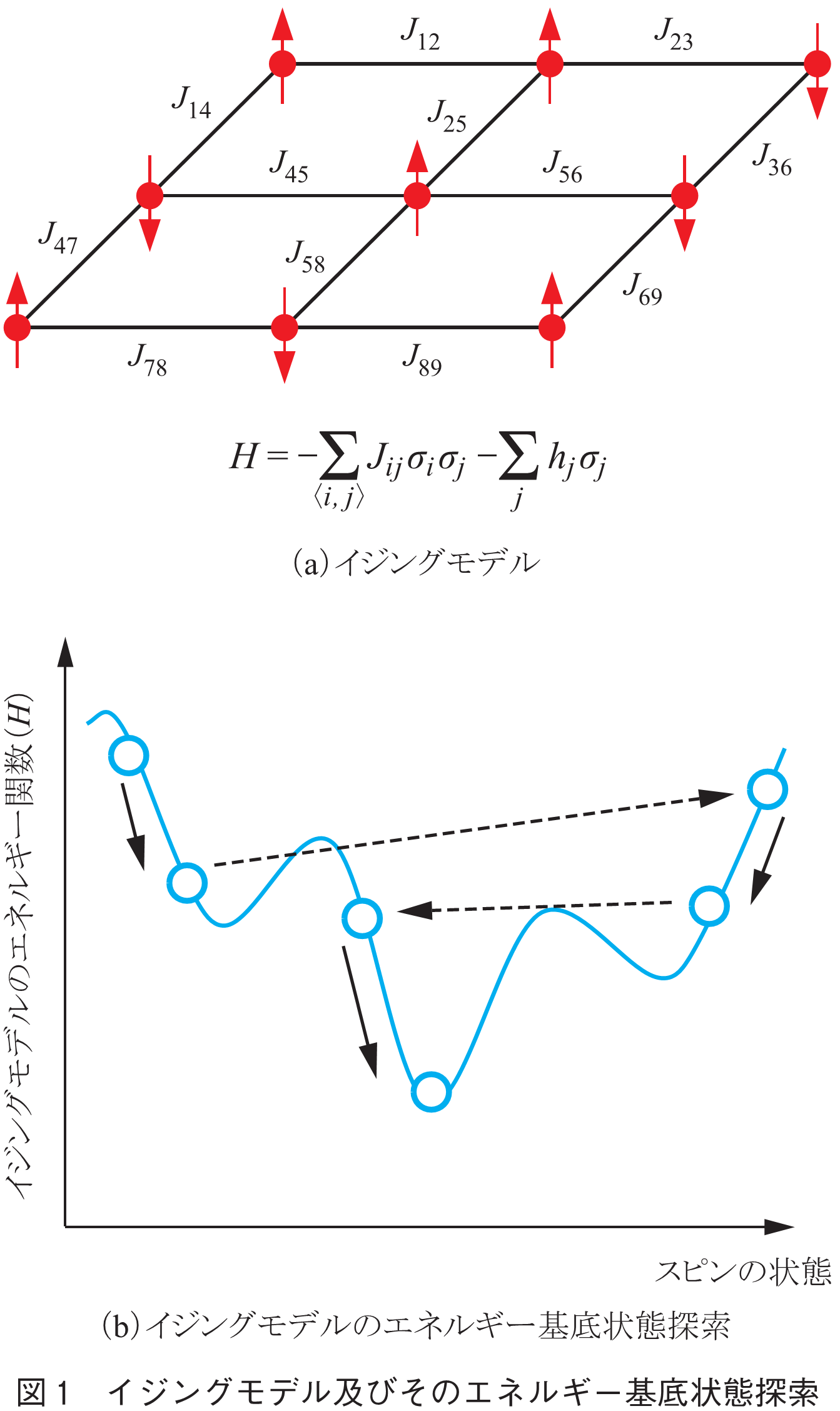図1　イジングモデル及びそのエネルギー基底状態探索