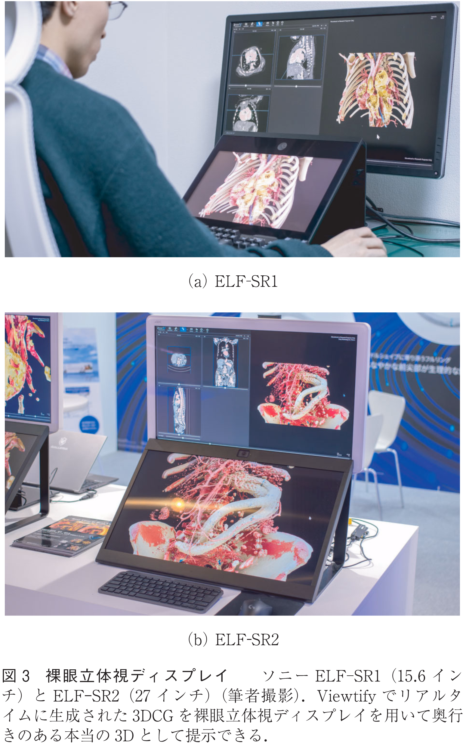 図3　裸眼立体視ディスプレイ　　ソニーELF-SR1（15.6インチ）とELF-SR2（27インチ）（筆者撮影）．Viewtifyでリアルタイムに生成された3DCGを裸眼立体視ディスプレイを用いて奥行きのある本当の3Dとして提示できる．