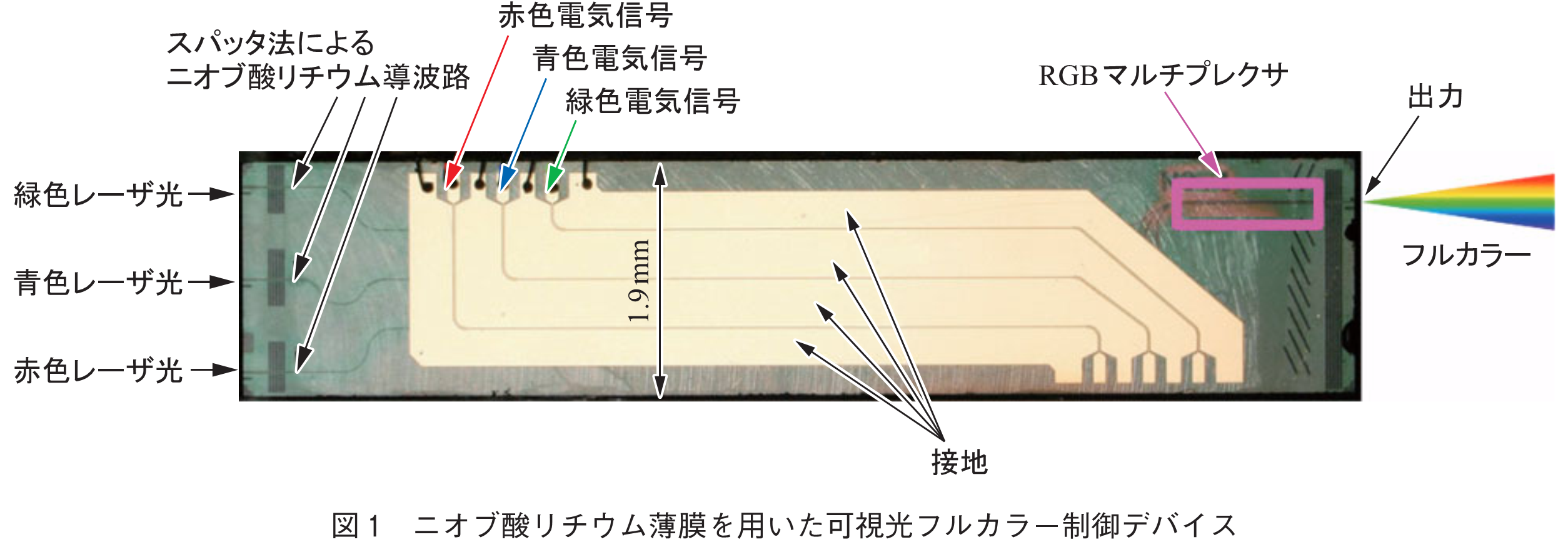 図1　ニオブ酸リチウム薄膜を用いた可視光フルカラー制御デバイス