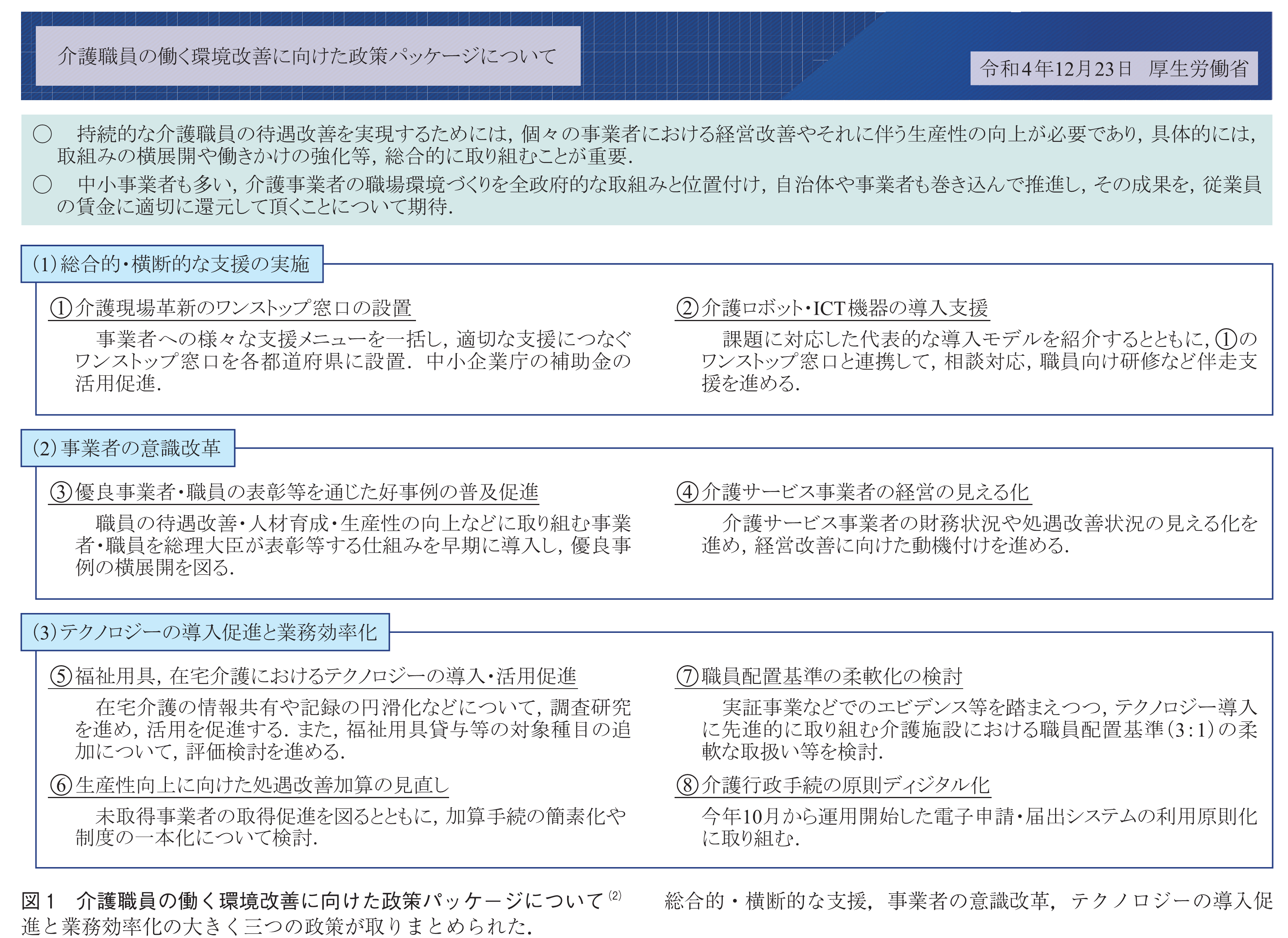 図1　介護職員の働く環境改善に向けた政策パッケージについて<sup>(2)</sup>　　総合的・横断的な支援，事業者の意識改革，テクノロジーの導入促進と業務効率化の大きく三つの政策が取りまとめられた．