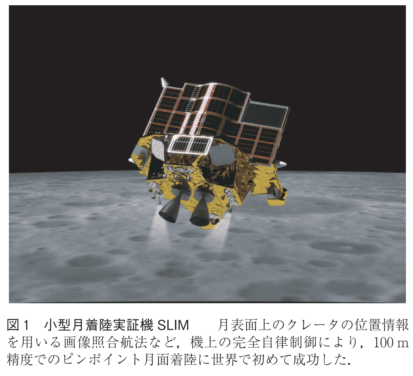 図1　小型月着陸実証機SLIM　　月表面上のクレータの位置情報を用いる画像照合航法など，機上の完全自律制御により，100m精度でのピンポイント月面着陸に世界で初めて成功した．