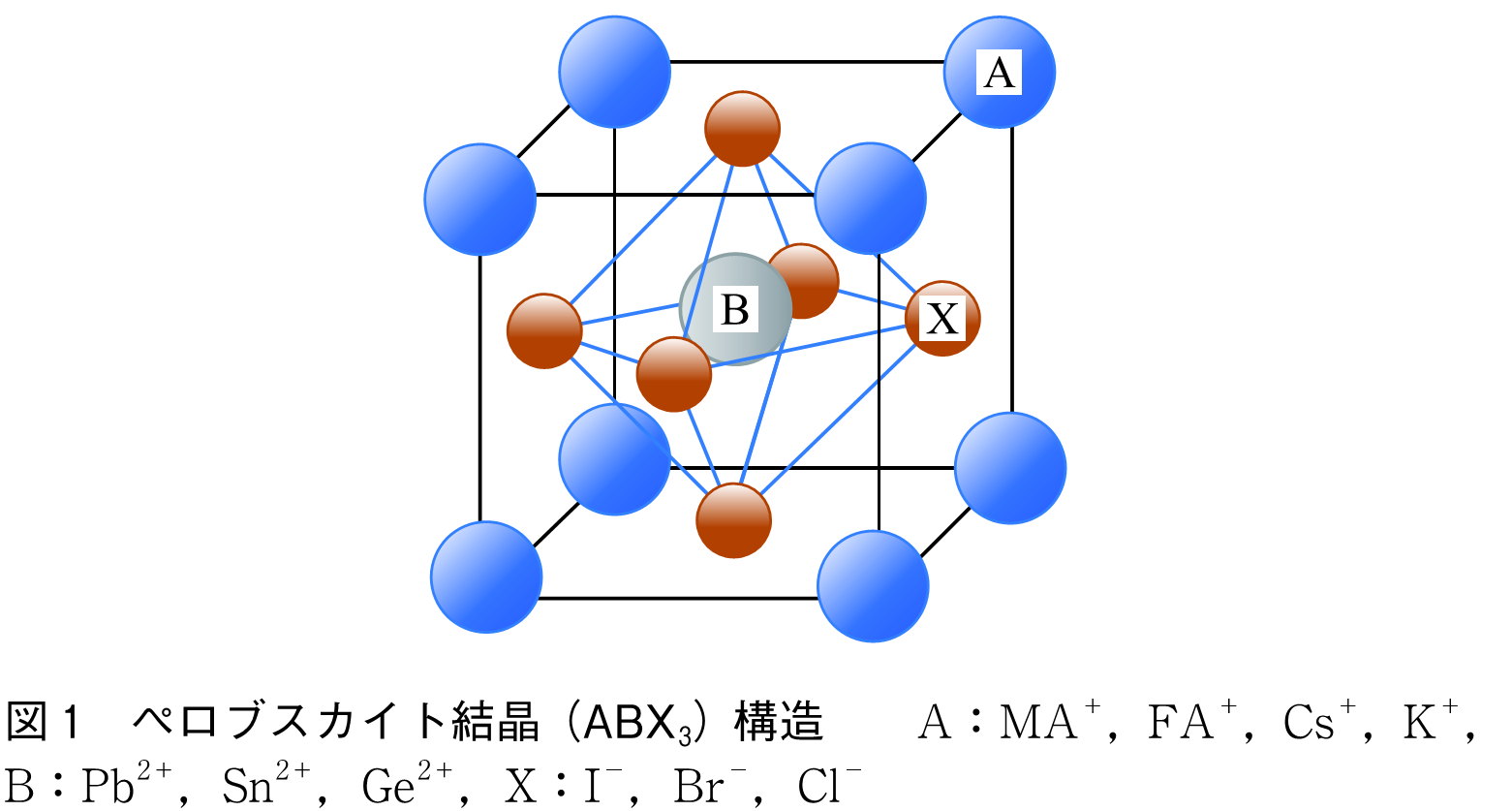 図1　ペロブスカイト結晶（ABX3）構造　　A：MA＋，FA＋，Cs＋，K＋，B：Pb2＋，Sn2＋，Ge2＋，X：I－，Br－，Cl－