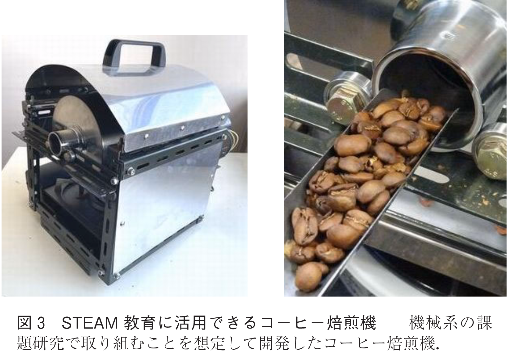 図3　STEAM教育に活用できるコーヒー焙煎機　　機械系の課題研究で取り組むことを想定して開発したコーヒー焙煎機．